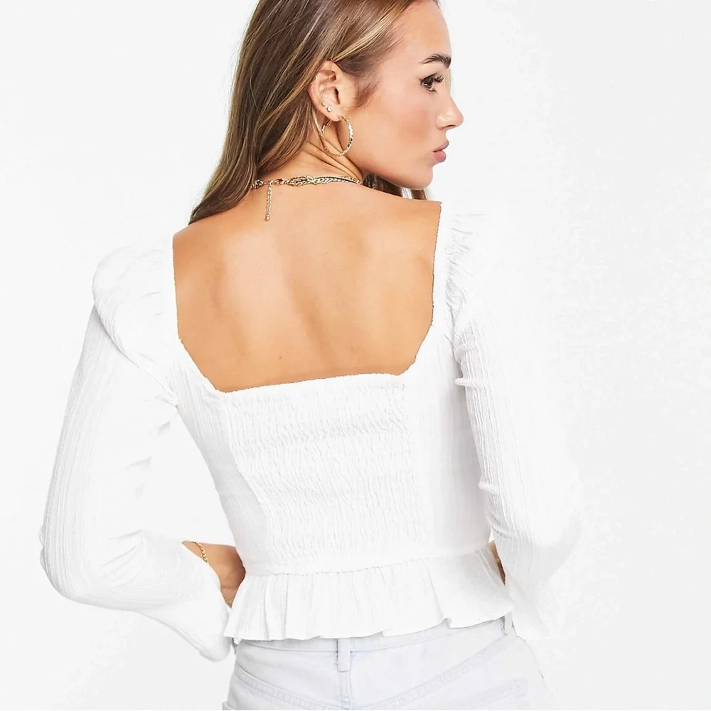 Topshop sweetheart neck textured long sleeve top in ivory